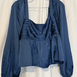 A&F Navy Ruffled Smock Puff Sleeve Satin Top